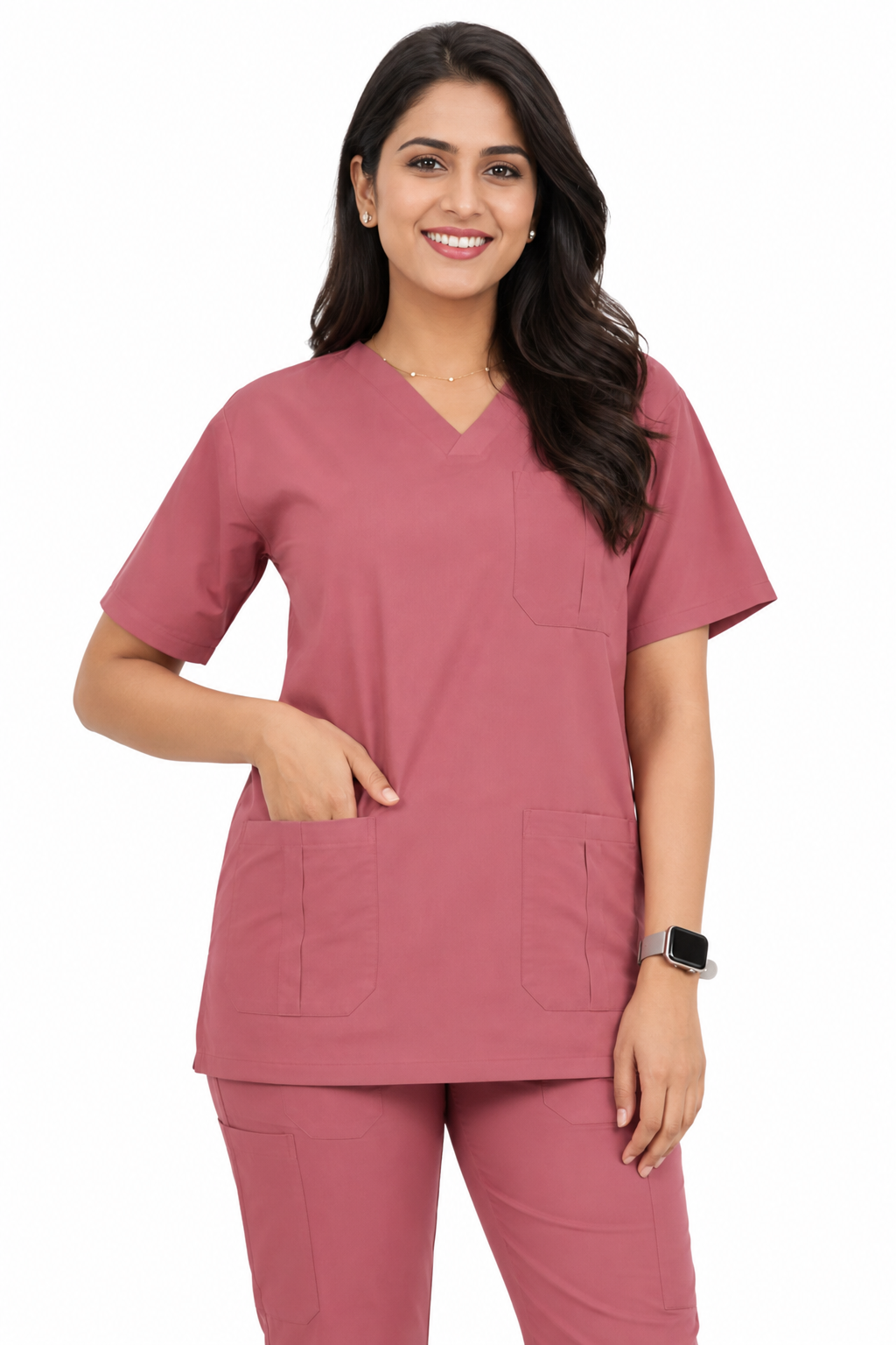 women’s rose pink medical scrub uniform displaying multiple functional pockets