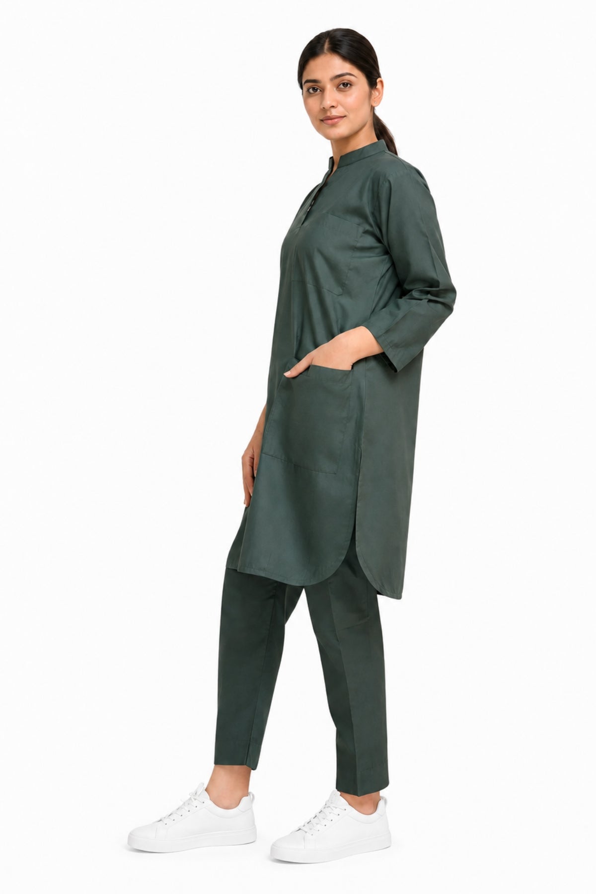 women’s scrub top displaying spacious front pocket