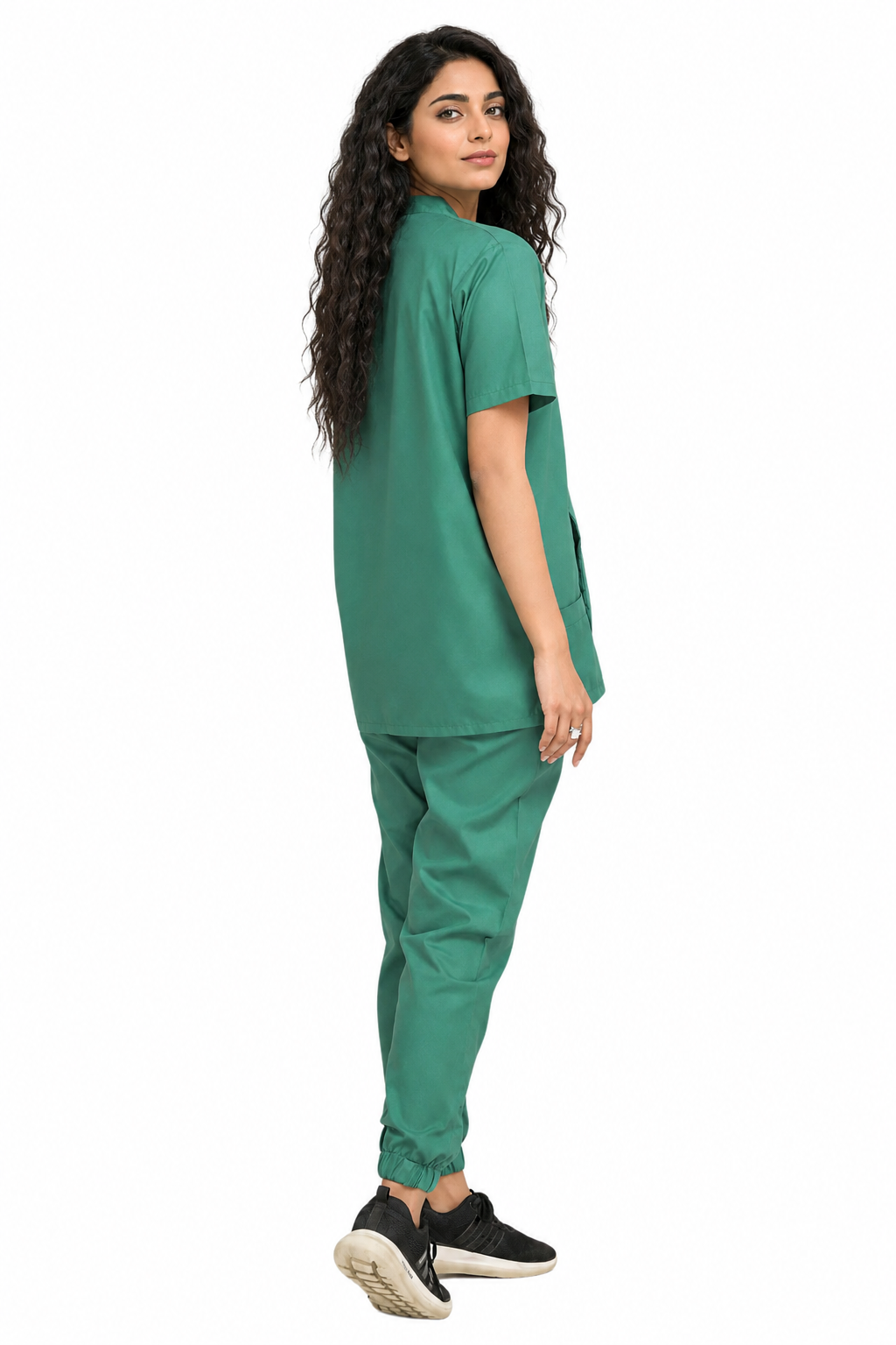 women’s scrub set showing relaxed back fit and elastic-cuff trousers