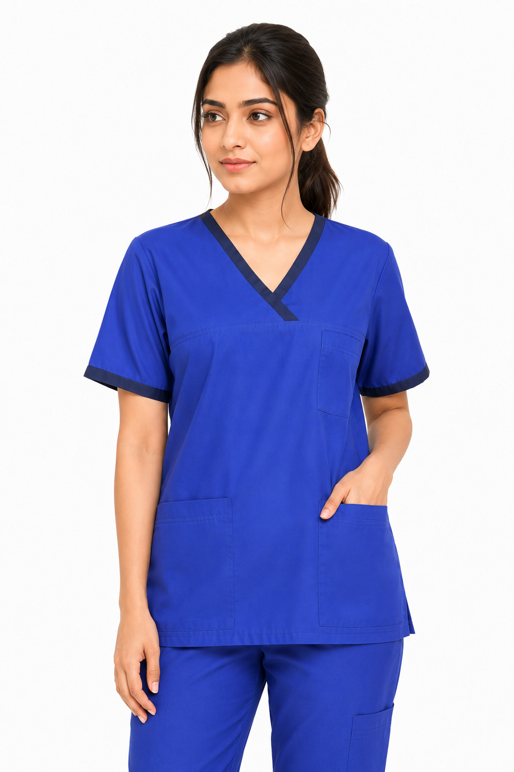 women’s scrub top with contrast V-neck and multiple pockets