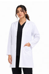 Clozzi women white clinical lab coat full front view patch pocket snap button long sleeve Pakistan