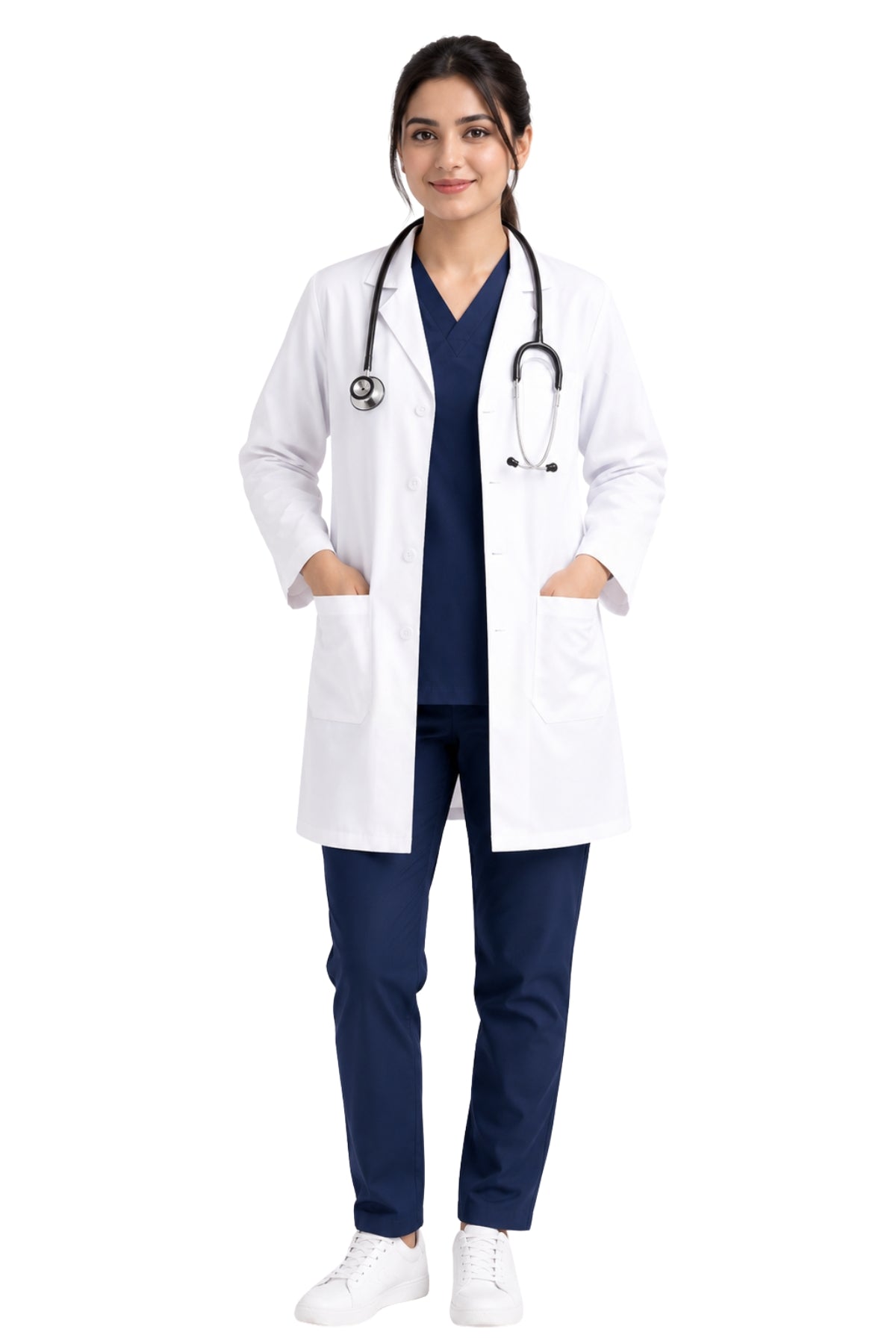 Clozzi women white doctor lab coat full front view button closure long sleeve Pakistan