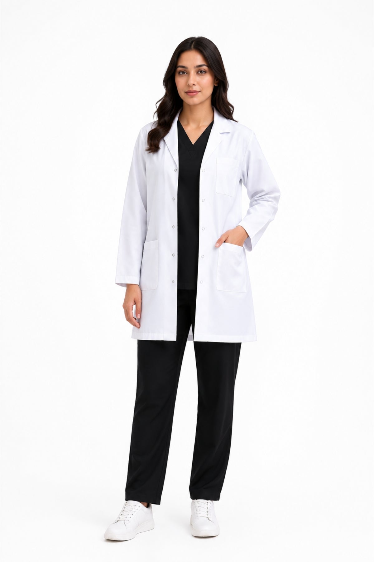 Clozzi women white unisex lab coat front view chest pocket side slit straight cut Pakistan