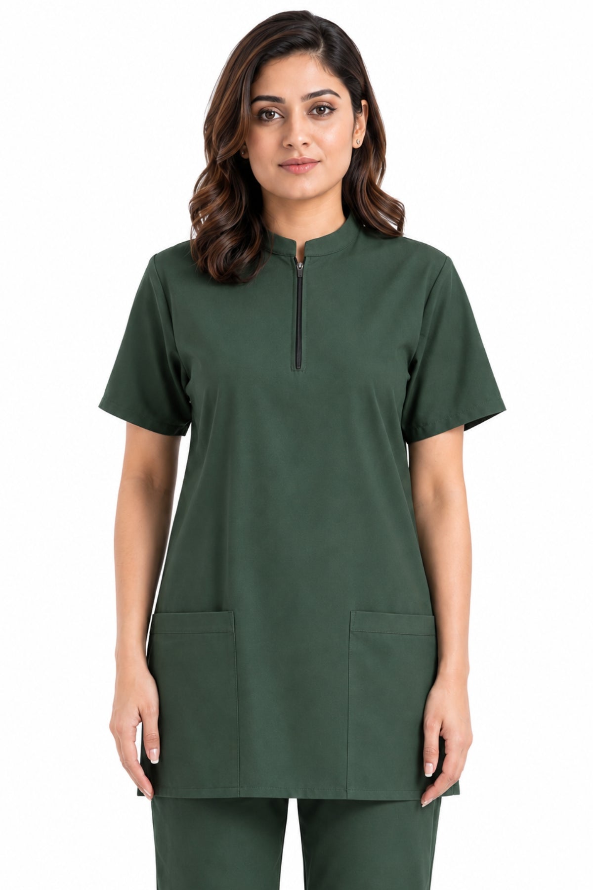 zippered scrub top neckline and front pockets close-up